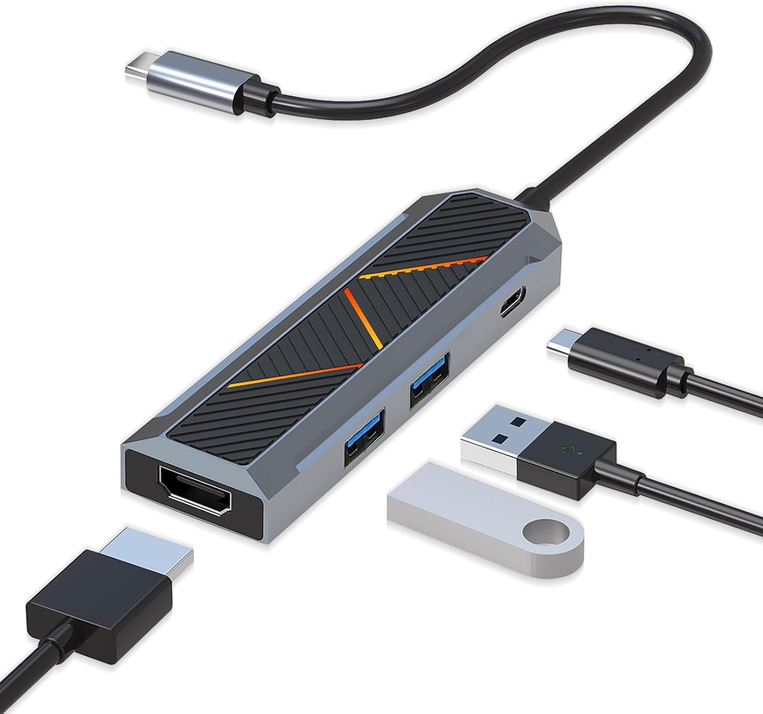 Keturi viename USB-C šakotuvas su 4K 60 Hz HDMI skirstytuvu